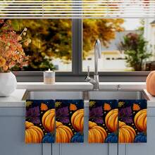 2/4/48pcs Autumn Series Deep Blue Contrast Pumpkin Pattern Printed Kitchen Towels - Ultra Soft, Highly Absorbent Polyester Tablecloths And Hand Towels, Perfect For Holiday Decor, Kitchen Decor, Party Decor. - Multicolor - View 4