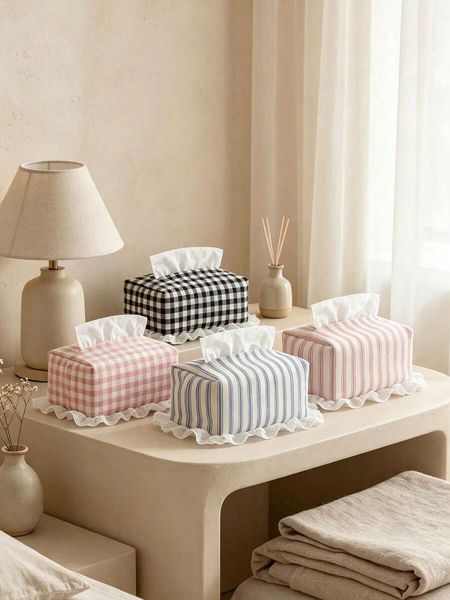 1Pc Tissue Box Cover & Fabric Napkin Holder, Plaid Lace Edge Cute Tissue Storage Box, Aesthetic Decorative Organizer For Bathroom Bedroom Living Room Car Office, Home Room Decor Supplies - View 1