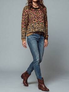 Women's Casual Fall Winter Knit Sweater, Round Neck Long Sleeve Colorful Leopard Print Loose Oversized Pullover For Daily Wear - Leopard - View 7
