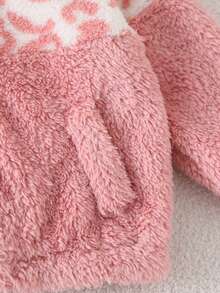 Jaket Fleece Motif Leopard Pink untuk Anak Perempuan, Mantel Plush Berkerudung dengan Resleting dan Detail Pita - Coral Pink - View 4