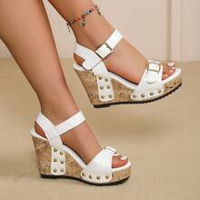 Women's Platform Wedge Sandals, Open Toe Double Buckle Sandals With Rivets, Cork Bottom Casual Summer Chunky Heel Shoes - White - View 1