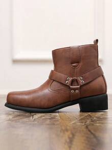 Men's Western Ankle Boots With Buckle And Side Zipper, Vintage Chunky Heel Chelsea Boots For Outdoor, Commute And Style - Brown - View 4