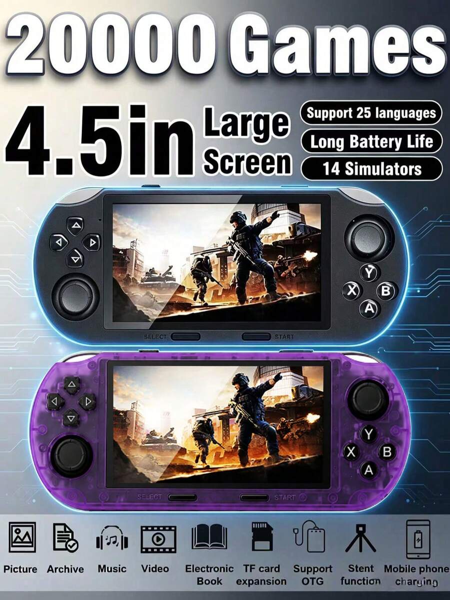 1台新款多功能遊戲機，內建14款模擬器與20,000款復古經典遊戲，4.5吋HD大螢幕，街機搖桿便攜式掌上遊戲機，支援圖片/存檔/音樂/影片/電子書/OTG/支架/行動電源功能