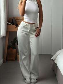 Vintage Old Money Style High-Waisted Straight Leg Loose Wide Leg Denim Jeans, Versatile Long Cotton Pants White Casual Fall - White - View 6