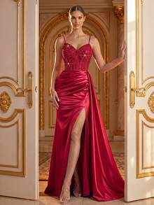 Smilprince Women's Sleeveless Red Woven Formal Dress, Sequin Bodycon Bustier, Spaghetti Straps, High Slit Design, Maxi Length Wedding Party - Burgundy - View 4