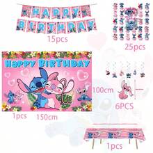 Stitch Angel Lilo & Stitch 生日派對裝飾套組 橫幅背景布 懸掛螺旋裝飾 蛋糕插牌 桌布 兒童生日用品 - 彩色 - 查看 5