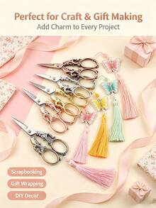 Vintage Carved Craft Scissors With Butterfly Silk Tassel, Sharp Stainless Steel Blade, Decorative Metal Handle, Suitable For Sewing, Cross Stitch And DIY Projects, Elegant Traditional Keepsake For Embroidery And Needlework Enthusiasts - Multicolor - View 6