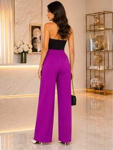 Women's Wide Leg Pants With Zipper And Button In Duna Fabric - Rose Red - View 2