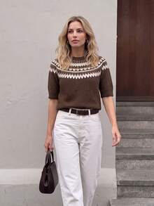 Nicenter Women's Fall Clothes Wool Blend Fair Isle Pattern Knit Crew Neck Half Sleeve Regular Pullover Sweater Women Daily Casual Outfit - Coffee Brown - View 8