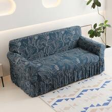 1 pieza Funda elástica para sofá con estampado de hojas en el dobladillo, a prueba de polvo y manchas, protector de sofá de una sola pieza con cobertura completa y elástica, decoración del hogar para la sala de estar, lavable a máquina - Azul Marino - Ver 8