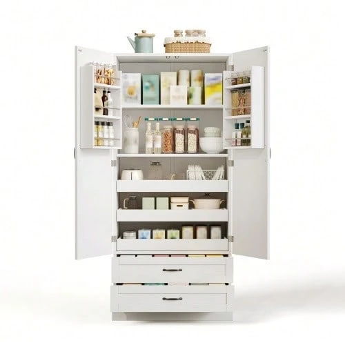Kitchen Cabinet With 3 Pull-Out Shelves, Drawers, And Double-Door Tall Cabinet With Door Shelves For Kitchen, Dining Room & Living Room - 白色 - 查看 1