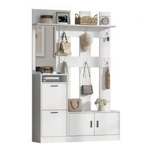 Appendiabiti per ingresso, con scarpiera, specchio e ganci, armadio a muro, scarpiera multifunzionale, per corridoio/ingresso, bianco, 120x30x180 cm - Bianco - Visualizzare 6