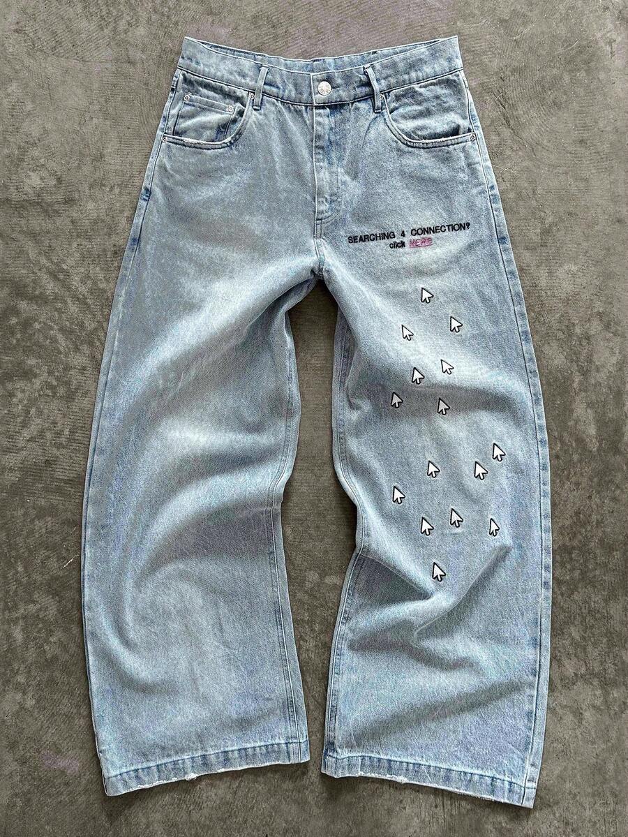 Men's Light Wash Loose Straight Leg Jeans, Cursor Print, Y2K Street Style, Light Wash Denim Fabric With Fun Cursor Pattern, Instantly Create Y2K Look - Baby Blue - View 1
