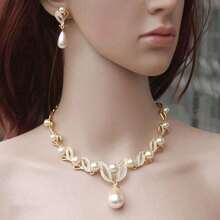 Elegant Gold Rhinestone Crystal Pearl Wedding Bridal Necklace & Earrings Jewelry Set - Gold - View 6