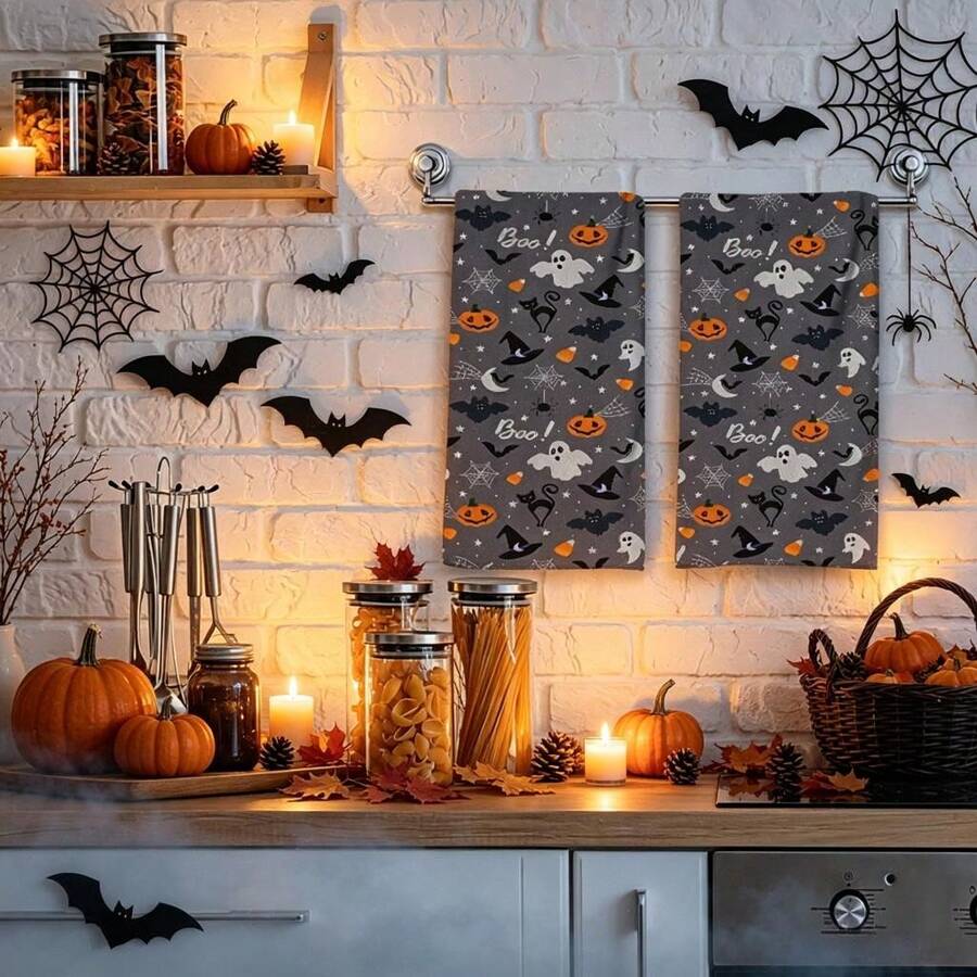 2/4/48pcs Halloween Series Grey Background Halloween Element Pattern Printed Kitchen Towels - Super Soft, Highly Absorbent Polyester Tablecloths And Hand Towels, Perfect For Holiday Decor, Kitchen Decor, Party Decor.