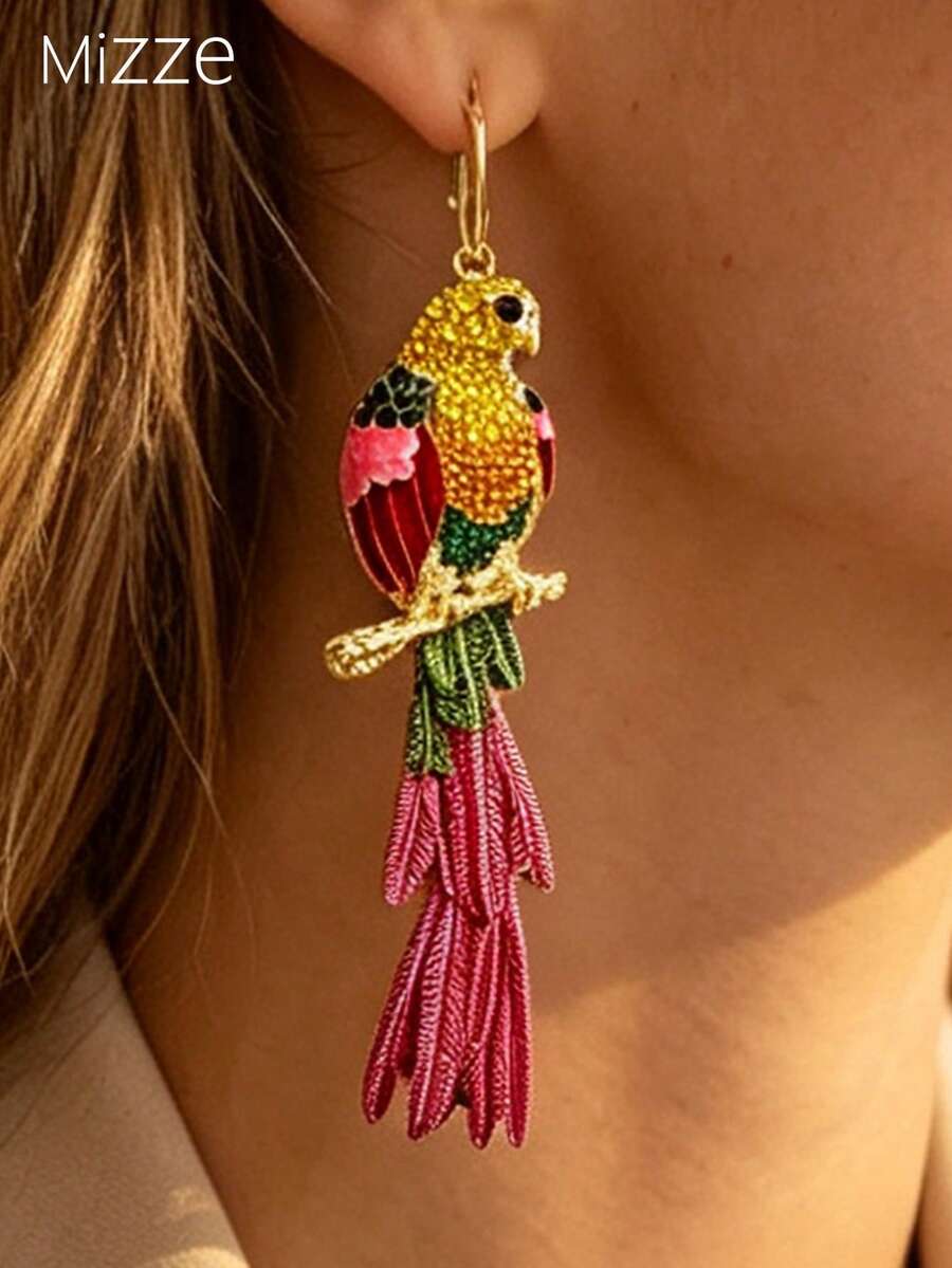 1 Pair Bohemian-Style Enamel Diamond-Embedded Earrings With Bird And Feather Pendants For Women, Ideal For Music Festivals And Trips - Colorful - View 1