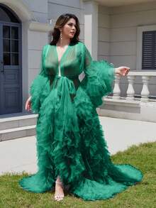 1 Piece Maternity Dresses Pregnant Gown For Photoshoot Christmas Sexy Mesh Fabric Ruffle Hem Wedding Kimono Women Dresses Belt Tie Relax Fit Oversized - 綠色 - 查看 5