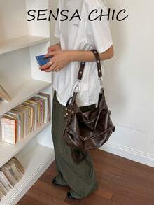 Glossy Solid Color Leather Textured Pattern Coffee Brown Shoulder Crossbody Large Capacity Soft Bag Cool Street Vintage Cargo Style Style Wrinkled Soft Leather Large Capacity Shoulder Bag Daily Commute Shopping Short Trip - Coffee - View 6
