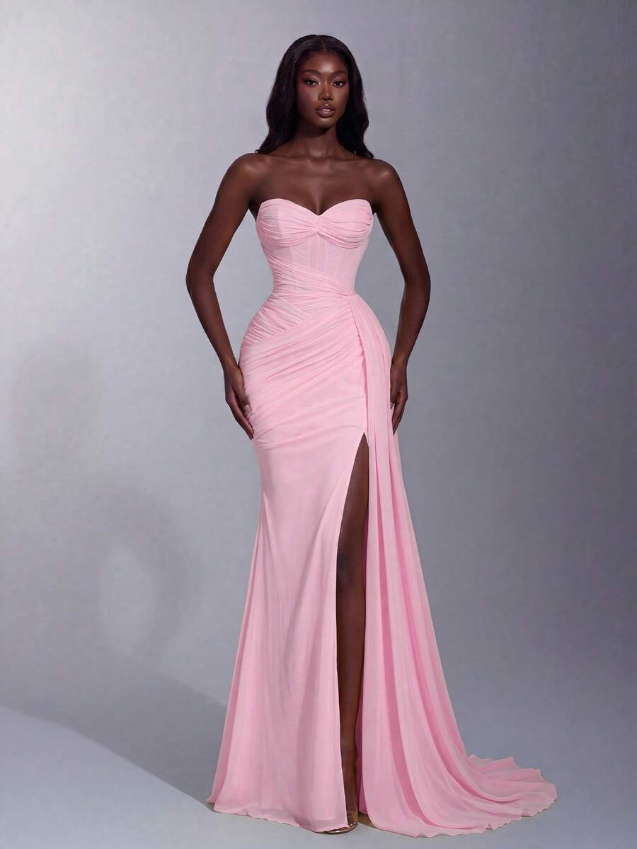 Elegant Heart Neckline Fitted Bustier Dress, Side Waist Ruched, High Slit, Slim Fit Mermaid Silhouette, Party Wedding Style - Pink - View 1