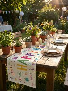 1pc Colorful Happy Birthday Table Runner, Minimalist Text, Gift Box & Ribbon Print, Suitable For Birthday Party, Dining Table, Cake Table, Dessert Station And Home Gathering Decoration - Multicolor - View 5