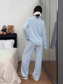 Dreamivo 2pcs Women's Light Blue & White Plaid, Notch Collar Long Sleeve Button Front Top With Pockets, Wide Leg Pants - Multicolor - View 4