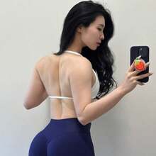 2件組女款熱門細肩帶露背掛脖運動內衣，輕支撐健身短版無縫運動內衣，抓皺瑜珈內衣，附可拆式胸墊 - 彩色 - 查看 6