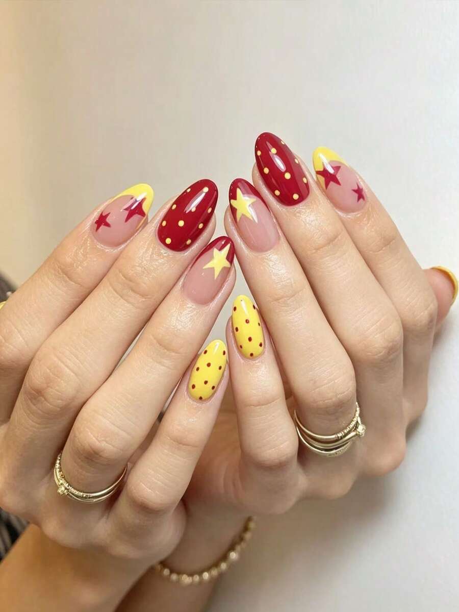 30pcs Short Almond French Press-On Nails, Red & Yellow Color Combination, Polka Dot & Star Pattern Design, Set Includes: 1pc Jelly Glue And 1pc Nail File - Multicolor - View 1