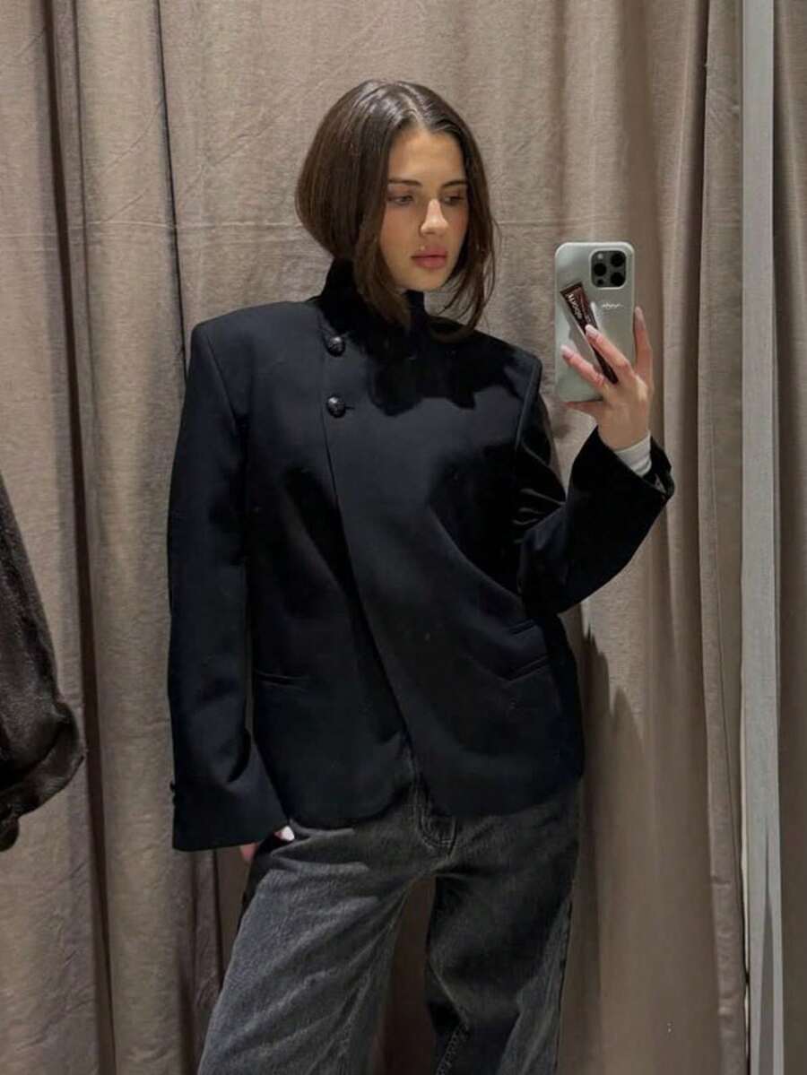 GMFP 女款夏秋休閒優雅時尚純色前開扣黑色西裝外套,適合派對、日、度假、返校季 - 黑色 - 查看 1