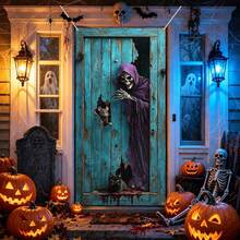 1 pieza Pancarta de puerta de Halloween oscura, calabaza multicolor, esqueleto, bruja, calavera, pared agrietada de terror, tela para cubrir la puerta, decoración espeluznante para el porche delantero y la puerta principal del hogar, decoración para fiesta de Halloween, casa embrujada, entrada del jardín, fondo de cabina de fotos, Navidad, Halloween - Fondo de Halloween - Ver 14