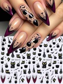 2 Sheets 3D Witchcraft Style Halloween Nail Stickers, Self-Adhesive Cat Witch Broom Hat Small Bat And Star Nail Decals, Spooky Cute Gothic Style Holiday Nail Art Supplies - Black - View 2