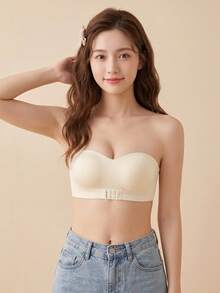 Strapless Minimalist Push-Up Bra, Solid Color Seamless Wire-Free Bra For Women, Sweet Backless Design, Comfortable Lift And Support, Thick Cup Bra Suitable For Small Chests [Flat Chest Special] - Champagne - View 3