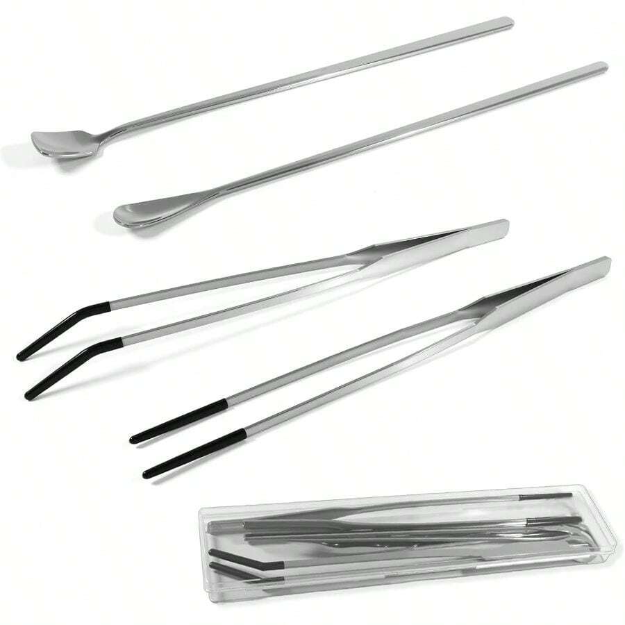 4 Pcs Reptile Feeding Tools Set With Silicone Tips - Long StraightCurved Tongs, Spoons - Stainless Steel Terrarium Feeder Kit Bearded Lizards, Snake, Spiders, Aquarium - Multicolor - View 1