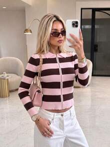 MORI Cardigan Wanita Musim Gugur Musim Dingin Y2K Pink Cokelat Bergaris Ritsleting Penuh Kerah Berlipat Lengan Panjang Pas Badan Rajut Bergaris Pendek Atasan Sweater - Merah muda dan cokelat - View 3