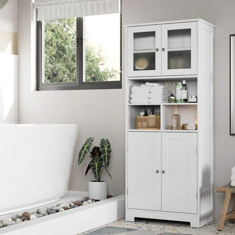 FURCHEN Bathroom Cabinet Bathroom Cabinet With Open Compartment And 4 Doors Wooden Kitchen Cabinet With Adjustable Shelf White 147.5 X 60 X 30 Cm - 白色 - 查看 1