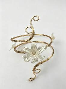 1pc Fashion Elegant Exaggerated Creative Open Adjustable Wrap-Around Arm Cuff With Micro-Inlaid Artificial Crystal Faux Pearl Flower Shell Design, Suitable For Women's Daily Wear, Vacation And Party - Gold - View 8