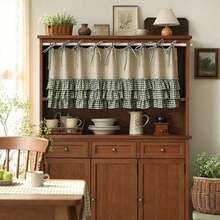1Pc,Oven Skirt Curtain With Crochet Lace Tie Top Short Curtains,American Style Countryside Retro Solid Color Linen Fabric Patchwork Green Checkered Cake Skirt Bottom Trim Farmhouse Kick Plate Decor For Kitchen Stove Front, Dishwasher, Window Valance - Green - View 7