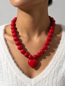1pc Red Round Bead Heart Pendant Necklace, Gothic Exaggerated Women's French Minimalist Design Collarbone Chain, Daily Dopamine Candy Color - Red - View 4