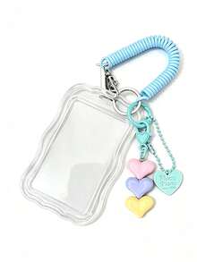 Transparent Wavy Card Holder With Portable Spring Rope Design, Heart Pendant Design, Durable Fashion Accessory, Suitable For Women, Cute And Practical Plastic Keychain, Campus Essential, Fashion Keychain, Cute Heart Pendant, Suitable For ID Card, Credit Card, Bus Card And Keys - Multicolor - View 15