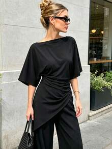 Asymmetric Tops For Women Ruched Black Short Sleeve Top Summer Ruffle Tops For Women Chic Casual Streetwear Tank Top - Black - View 4