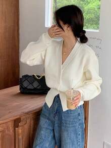 Autumn/Winter Fashion Casual Brown Knit Cardigan, Loose Design, Slouchy White - White - View 6