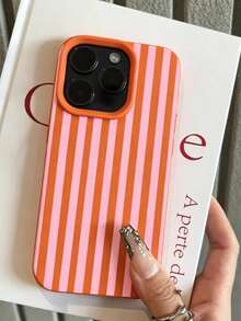 Casing Ponsel Minimalis Modis dengan Motif Garis-Garis Merah Muda dan Oranye, Kompatibel dengan Apple 18/18Pro/18ProMax/17/17Pro/17ProMax/16/16Pro/16ProMax/15/15Pro/15ProMax/14/13/12/11 - Jeruk - View 2