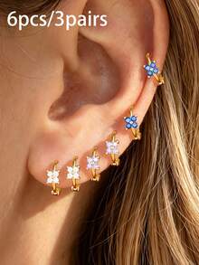 6PCS Fashion Zirconia Four-Petal Flower Hoop Earrings Sets For Women 18K Gold Plated Elegant Hypoallergenic Engagement Birthday Jewelry Gift - 6PCS-gold 1 - View 1
