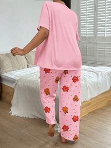 Plus Size Women's Casual Wearable Loungewear Pajama Set, Cute Quirky Cartoon Monster Print Short Sleeve Top & Long Pants 2 Pieces Set - Pink - View 2