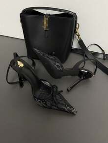 Lace Bow Back Strap Pointed Toe Stiletto High Heel Pumps, Plus Size Women's Nightclub Party Vibe High Heels - Black - View 2