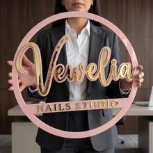 1pc Personalized Custom Acrylic Gold Mirror Round Sign | Personalized Business Logo Display Sign With Gold Frame, Suitable For Beauty Salon, Nail & Lash Studio | Indoor Commercial Decor - Multicolor - View 1