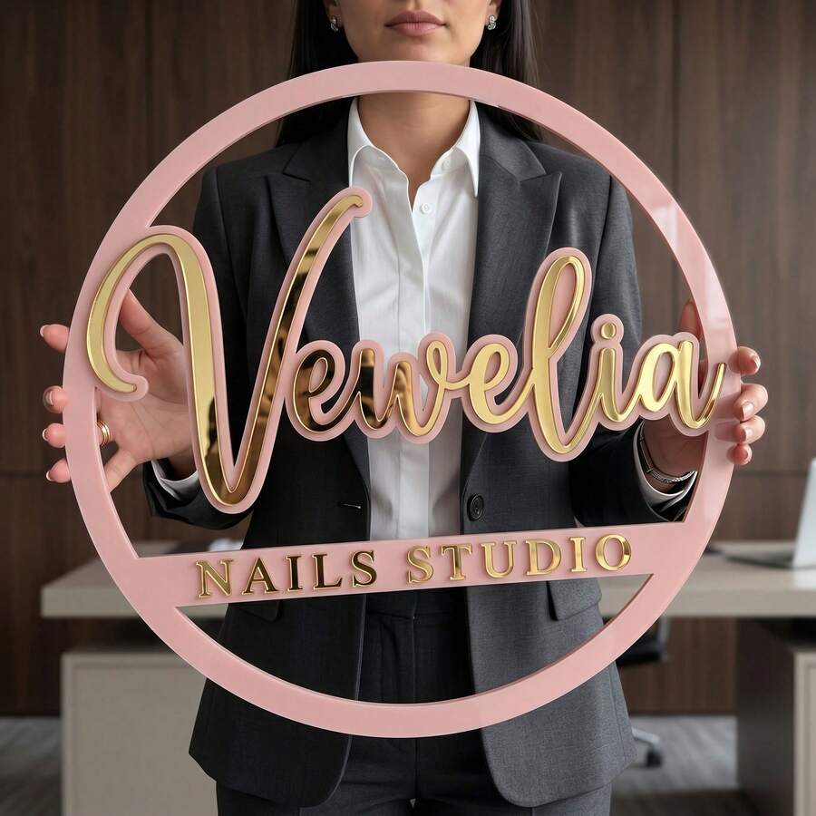 1pc Personalized Custom Acrylic Gold Mirror Round Sign | Personalized Business Logo Display Sign With Gold Frame, Suitable For Beauty Salon, Nail & Lash Studio | Indoor Commercial Decor - Multicolor - View 1
