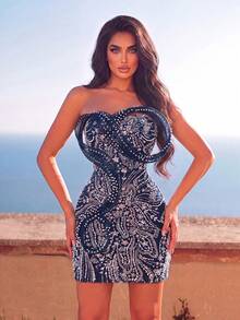 Faeriesty Women's Elegant Sleeveless Strapless Beaded Sequin Short Pencil Formal Dress Wedding Vacation Party Fall - Navy Blue - View 5
