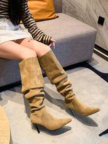 2026 New Khaki Pointed Toe Ruched Stacked Knee-High Boots, Thin High Heel Side Zipper Loose Ruched Slim Long Boots For Women, Autumn/Winter - Khaki - View 4