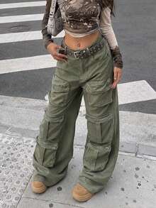 Y2K Street Solid Color Multi Pockets Simple Comfy Cargo Pants Daily Casual Trousers Fall For Women Going Out Vacation Back To School - Army Green - View 3