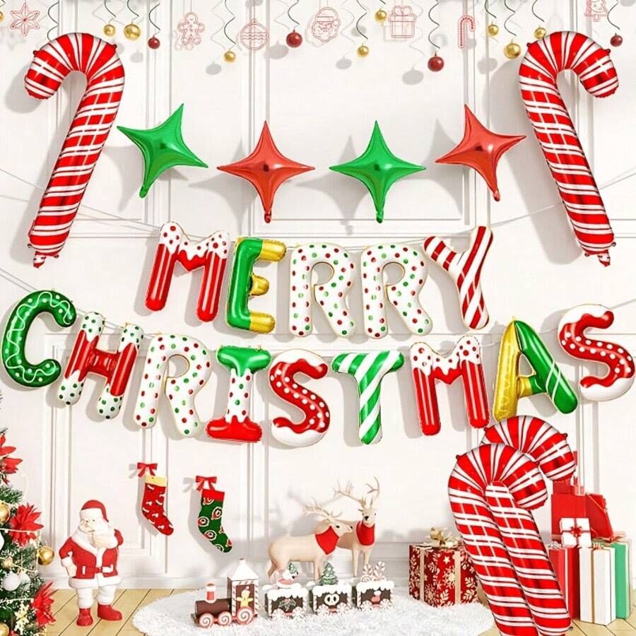 19pcs Christmas Themed Decoration Balloon Set, Candy Color English Letter Merry Christmas And Candy Cane Foil Balloons, Perfect For Christmas Party Decoration, Window Display, Store Atmosphere, Photo Backdrop, Home Holiday Decor - Multicolor - View 1